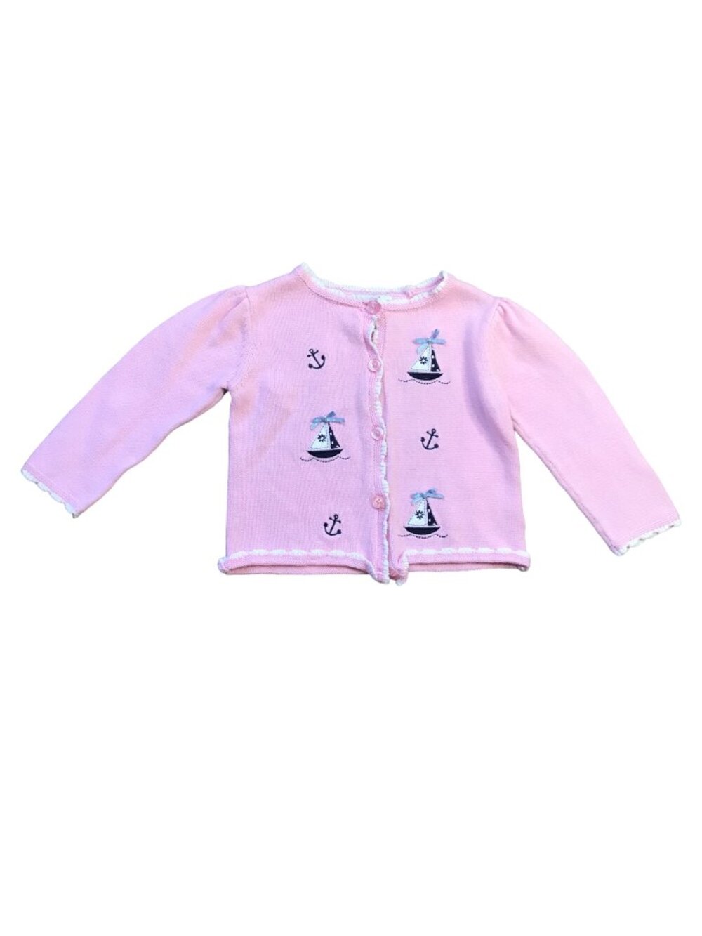 Hartstrings Baby Embroidered Sailboat Cardigan Sweater Girls 6-9M Cotton Pink